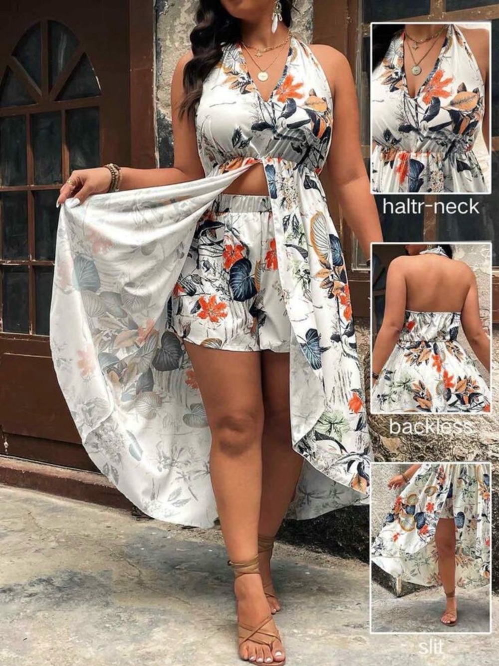 SHEIN White Halter-Neck High-Low Floral Dress with Orange & Blue Print